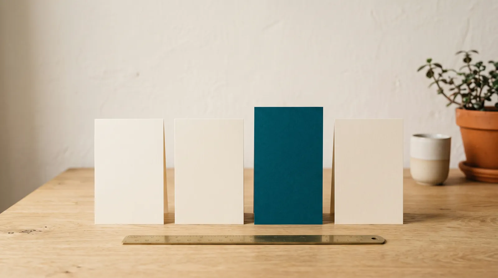 Four paper cards standing side by side on an oak desk, the third one teal and taller, a brass ruler in front