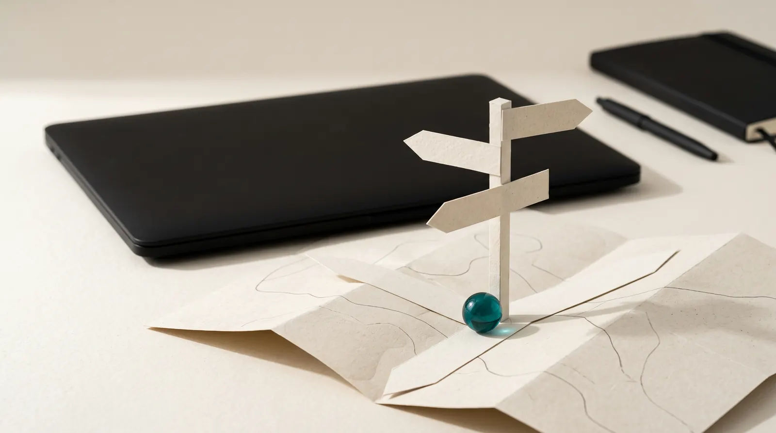 A paper signpost with blank arms on a folded map, a teal marble where the paths meet