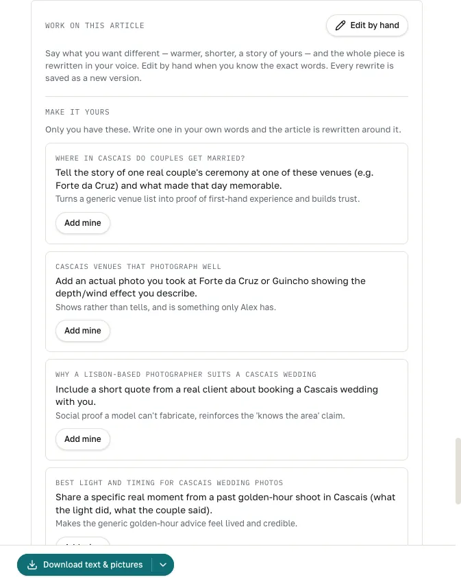 An article's card: rewrite with a note, and Make it yours — four places to add a story only the owner has