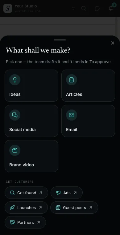 The Create sheet on a phone: ideas, articles, social media, email and brand video
